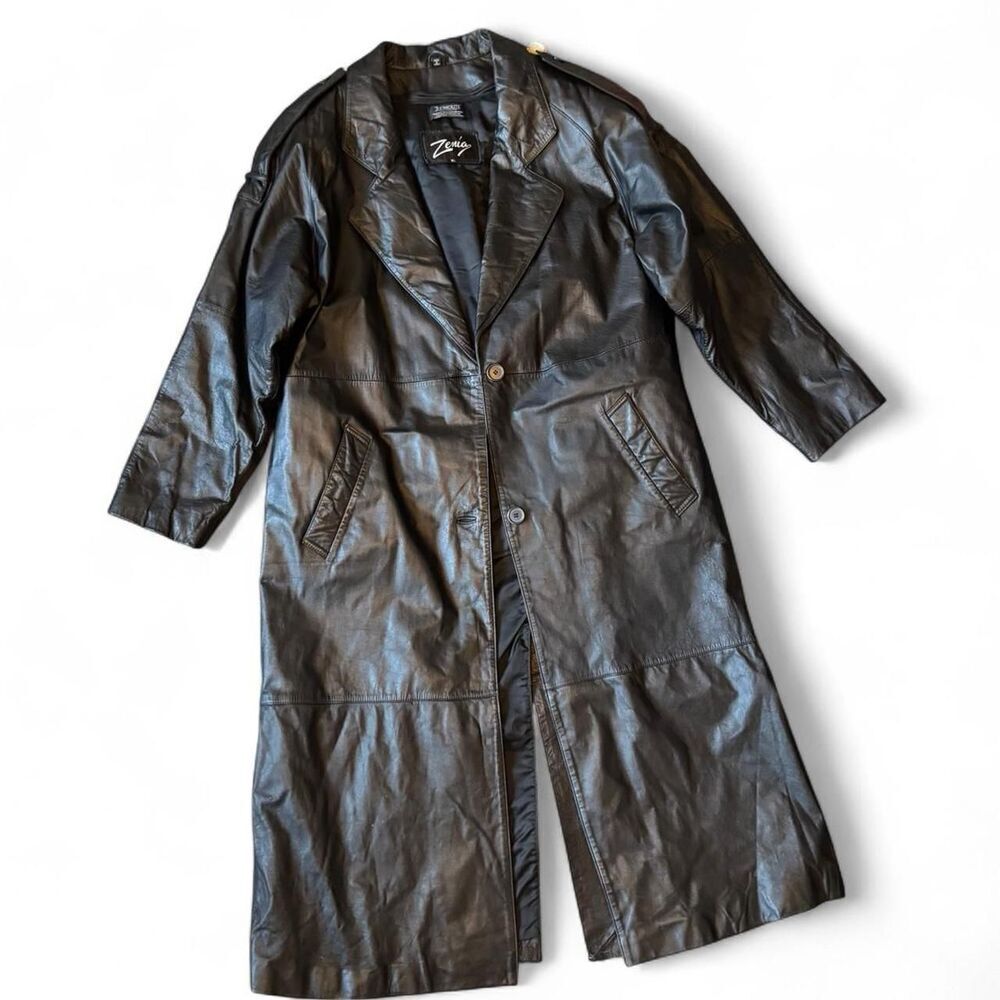 Vintage Zenia Black Leather Long trench Coat Women’s XL Thermolite  Missing Belt